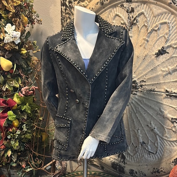 Adore Distressed Gray Studded Blazer - Picture 1 of 15